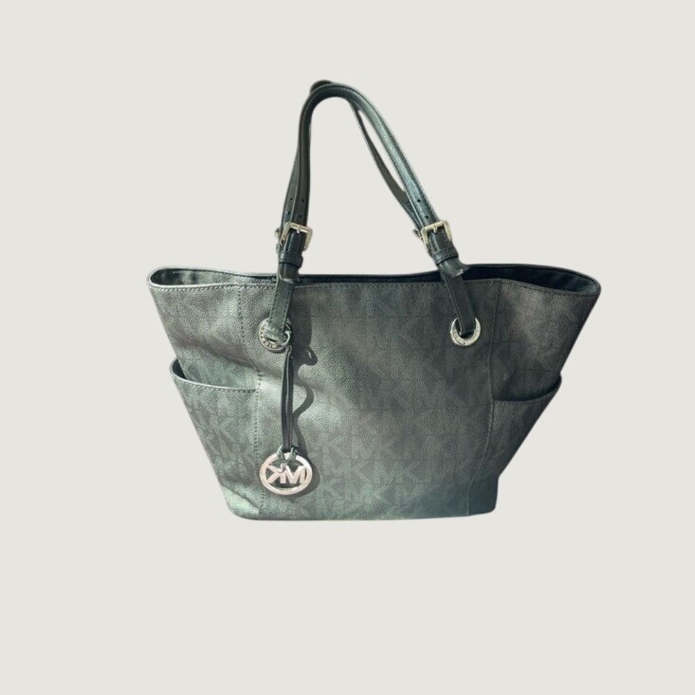 Michael Kors Black Monogram Tote Bag Silver Hardware